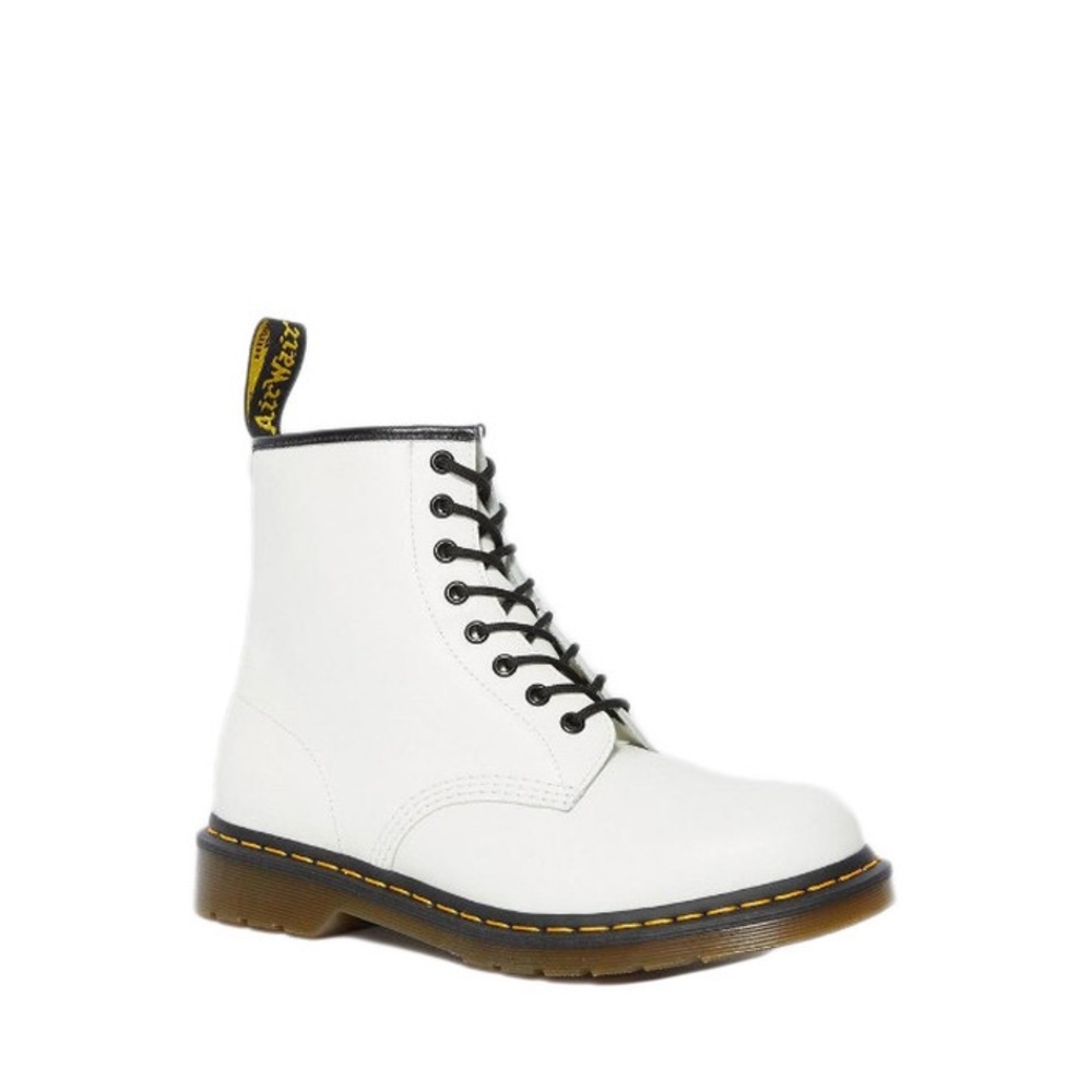 White Lace-Up Combat Boot with Yellow Stitching